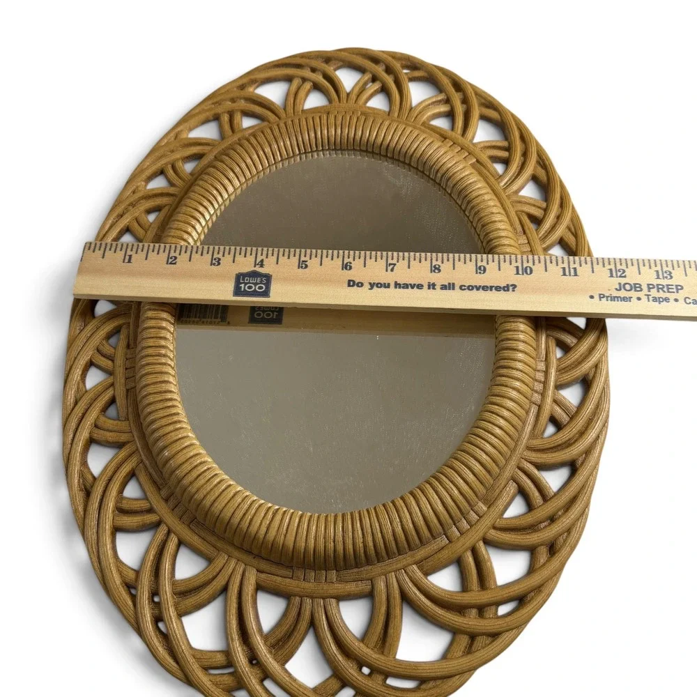 Vintage Burwood Faux Rattan Wicker Wall Mirror Shelf Planter Set 4pc Boho Tan